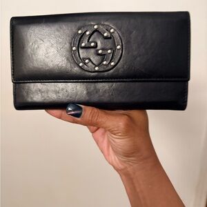 Gucci Black Leather Continental Wallet with Studded GG Emblem